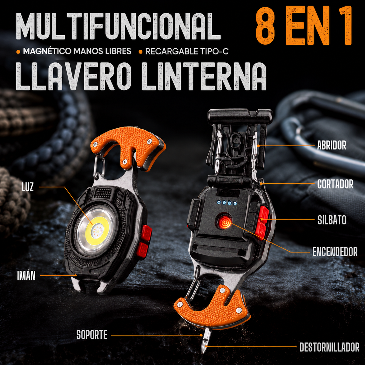 SparkGear® Llavero 8 en 1 - Todo lo que Necesitas en tu Bolsillo🔦