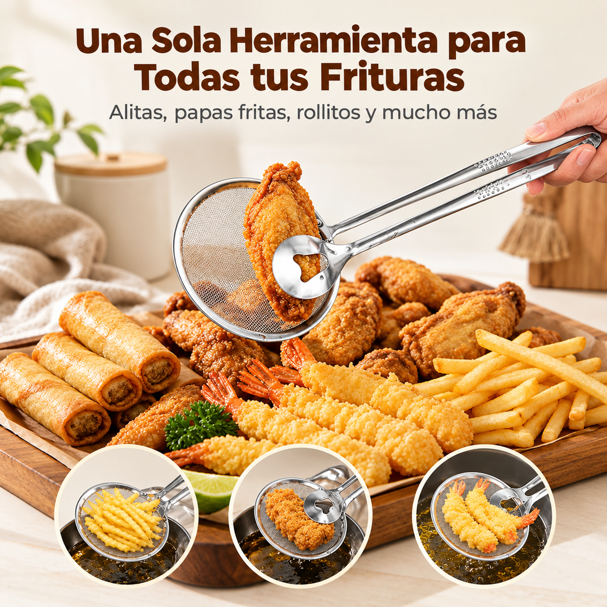 FryTongs® Pinzas con Colador 🍗 — saca y escurre el aceite en un solo paso