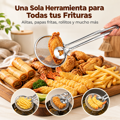 FryTongs® Pinzas con Colador 🍗 — saca y escurre el aceite en un solo paso